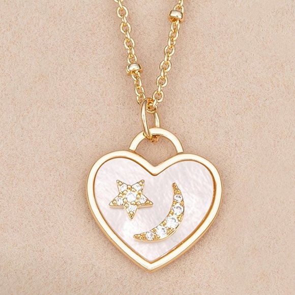 Champagne Gold Necklace with Mother Of Pearl, Heart with Star and Moon - Picture 5 of 7
